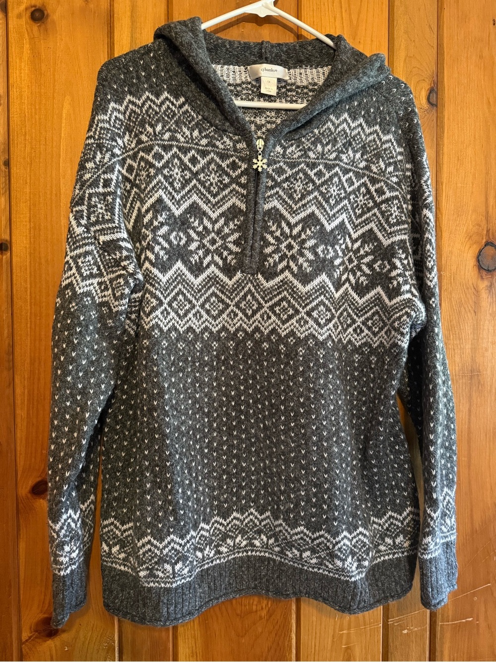 CJ Banks Gray and White Nordic Hooded Half-Zip Sweater